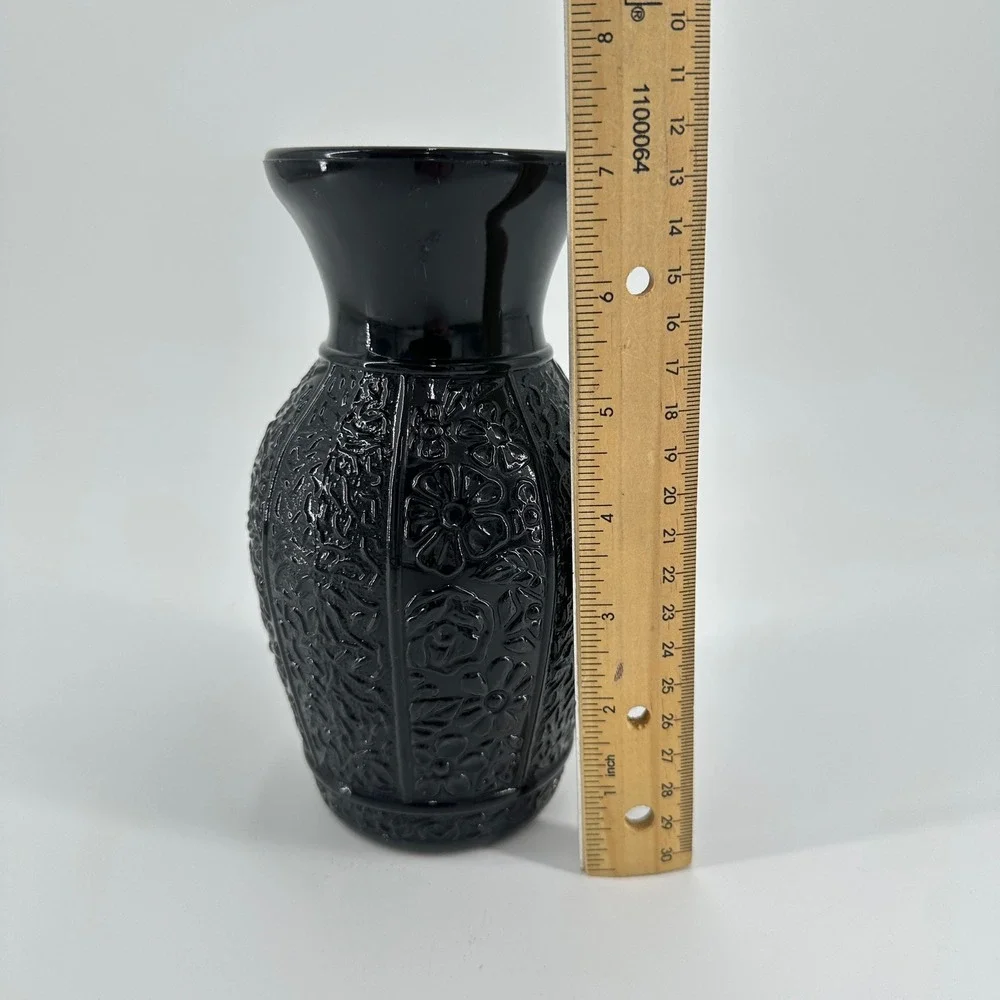 LE Smith Black Amethyst Glass Floral Embossed Vase Vintage Pressed Glass